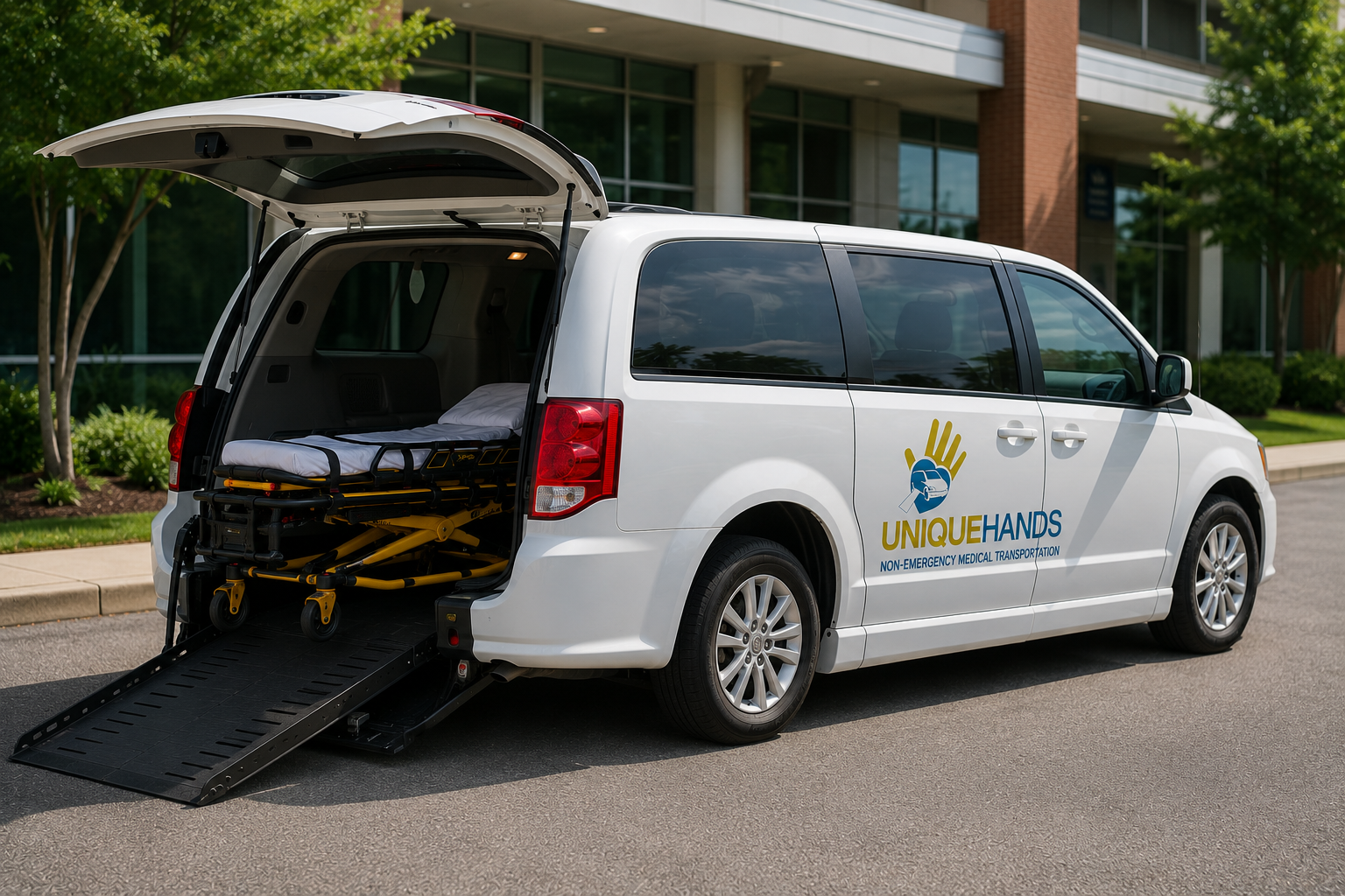 UniqueHands team preparing for a scheduled non-emergency stretcher pickup