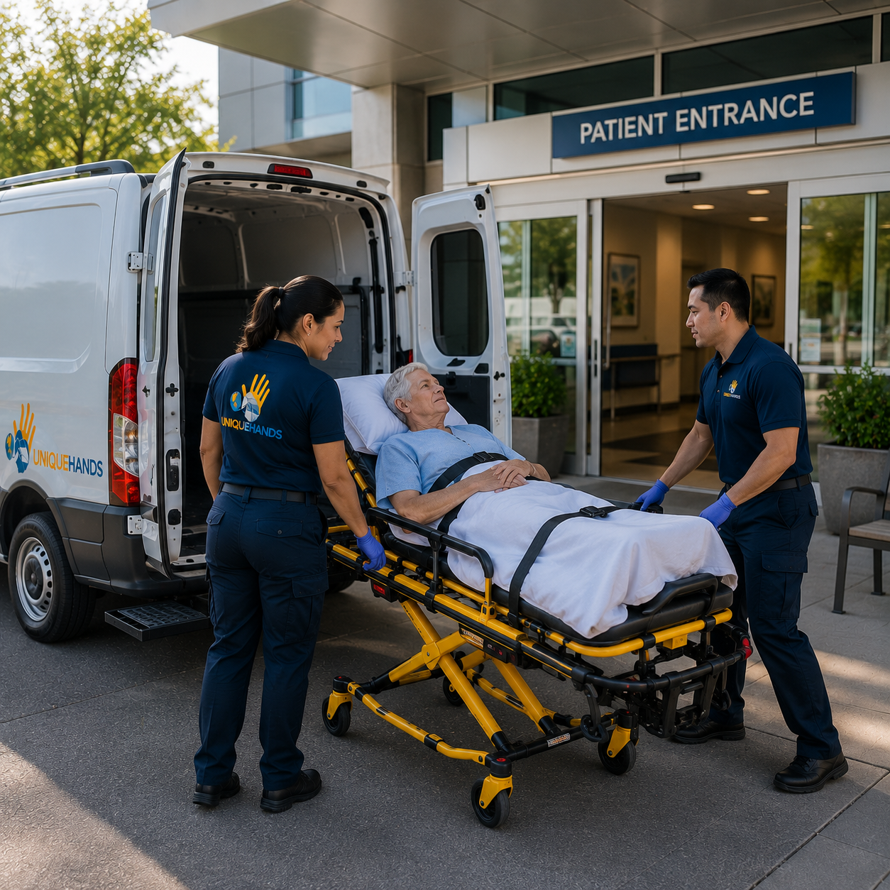 Stretcher passenger handoff coordinated at the destination