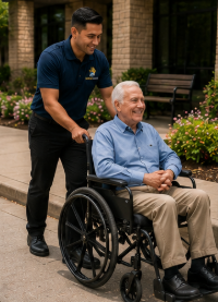 UniqueHands team assisting an older wheelchair passenger