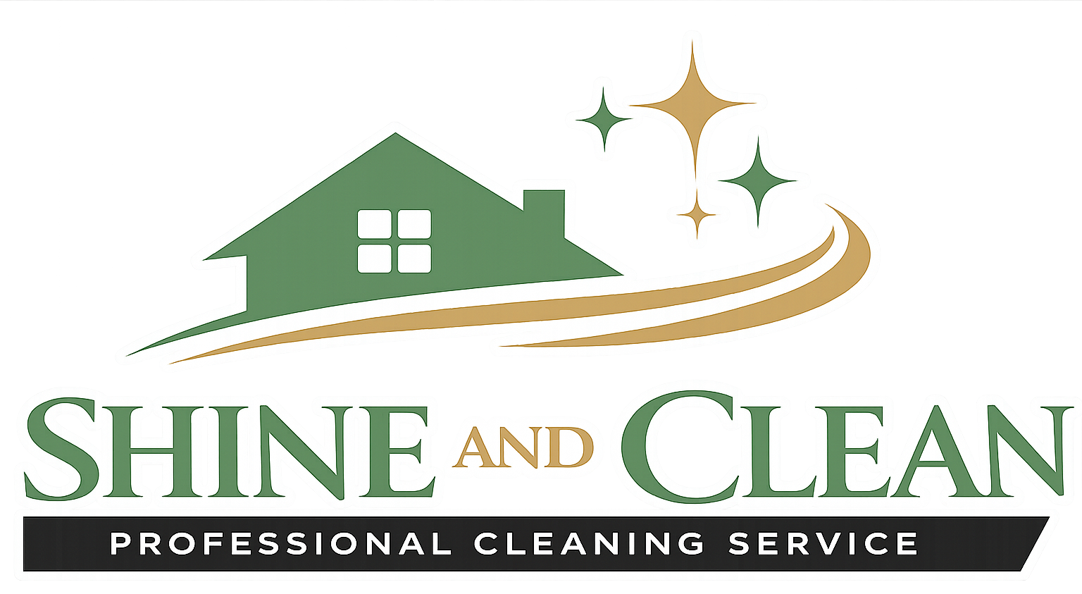 Logo for "Shine and Clean Professional Cleaning Service" with a green house icon and gold star accents on a white background.