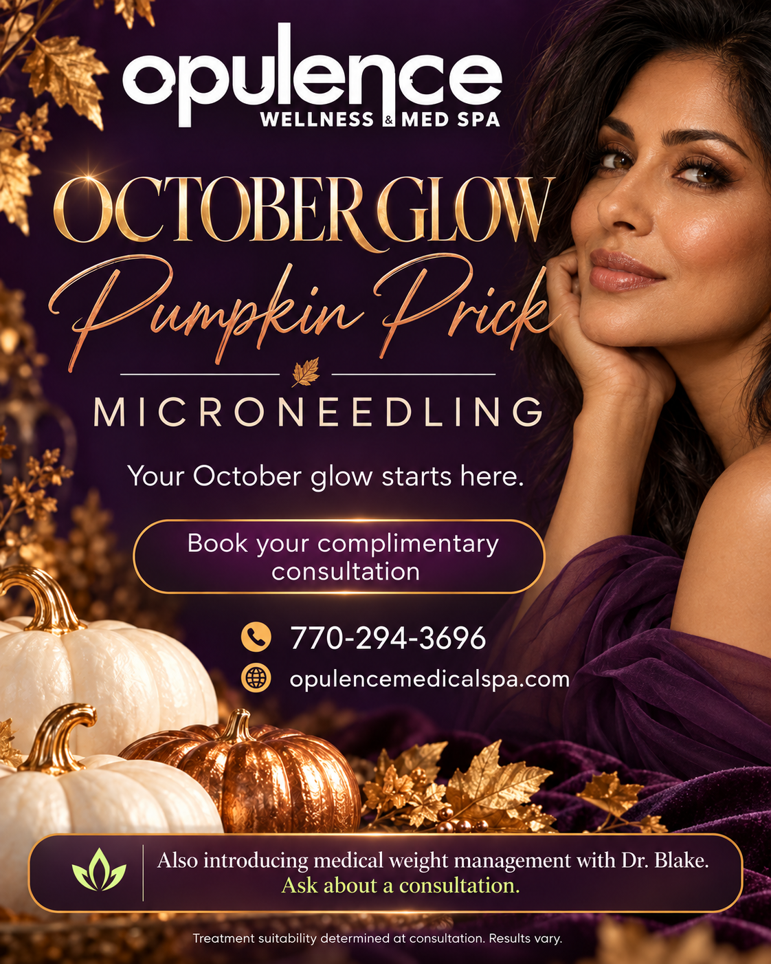 Opulence Wellness ad for October Glow Pumpkin Pick microneedling with pumpkins, woman, and booking details