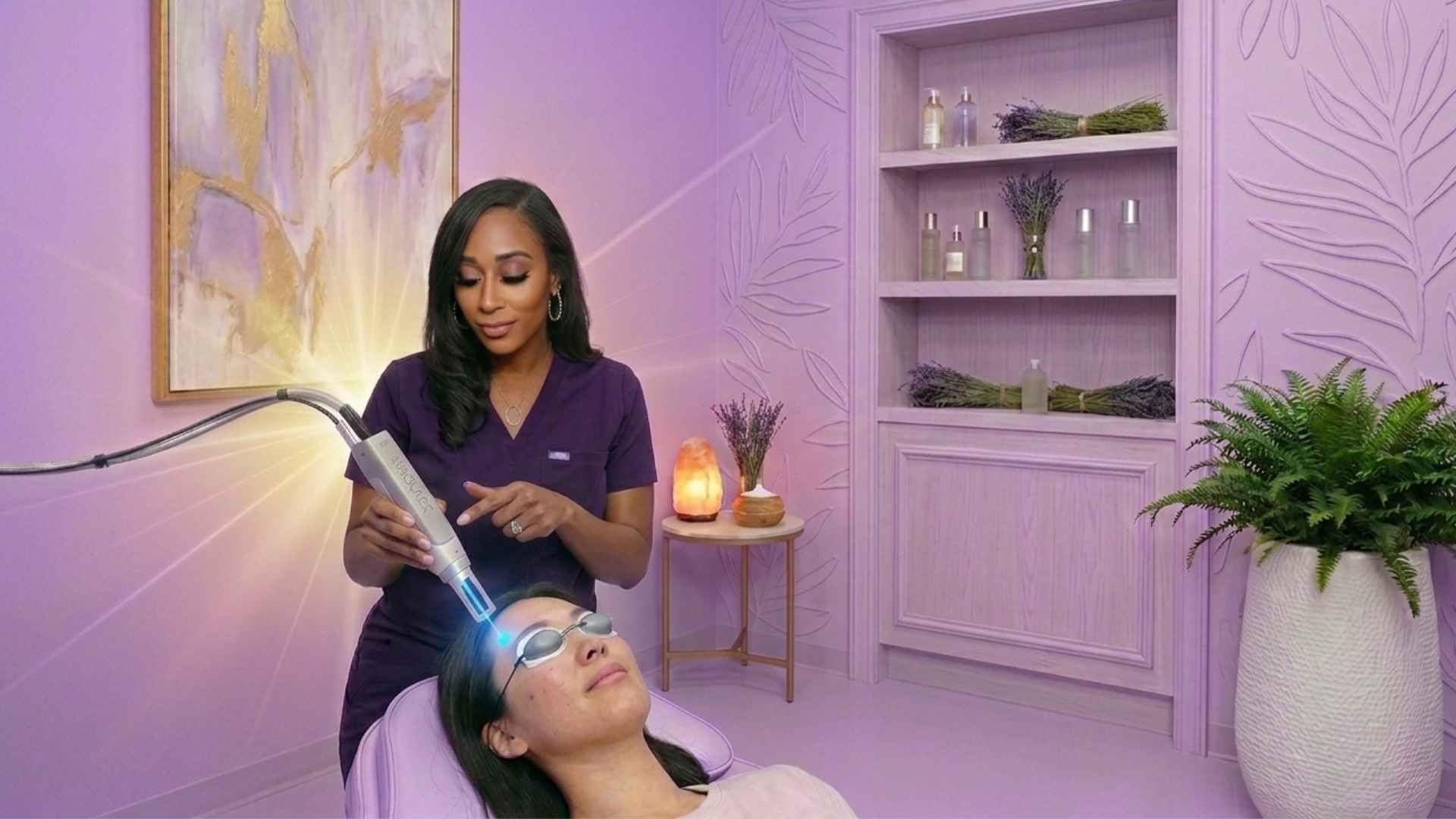 Advanced Aerolase Neo laser skin treatment being performed by Keke, owner of Opulence Wellness & Med Spa, in a luxury lavender treatment room near Tucker, Georgia 30084.