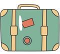A teal vintage suitcase with tan straps, reinforced corners, a top handle, a red sticker, and a circular button.