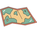 A stylized, folded paper map in shades of green and beige with a location pin and star icon, outlined in orange.
