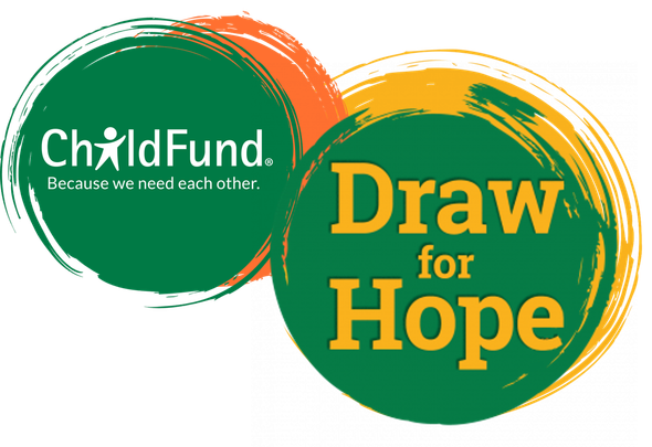 ChildFund logo with green child figure and orange “Draw the Hope” badge