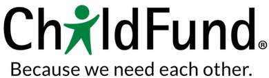 ChildFund logo with green figure between letters, slogan “Because we need each other.”