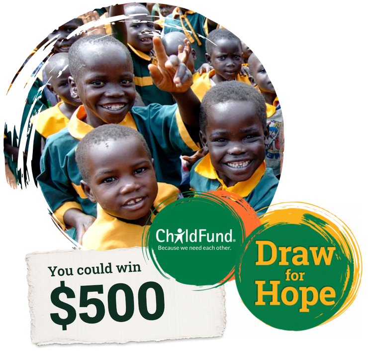 Promotional graphic with smiling children and text: “You could win $500” and “Draw for Hope”