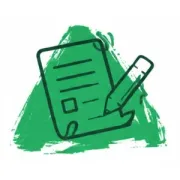 Green document and pencil icon on a triangular paint stroke background