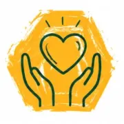 Hands cupping a heart inside a yellow hexagon, with small rays above