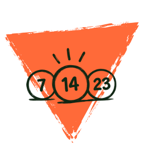 Orange triangle logo with circled numbers 7, 14, and 23, with rays above 14.