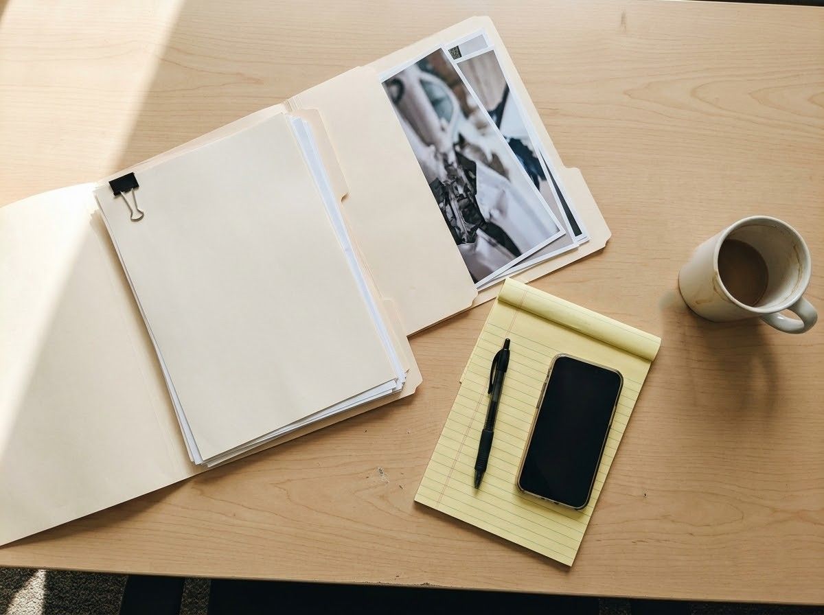 Open notebook with pen, small planner, and coffee cup on a wooden desk