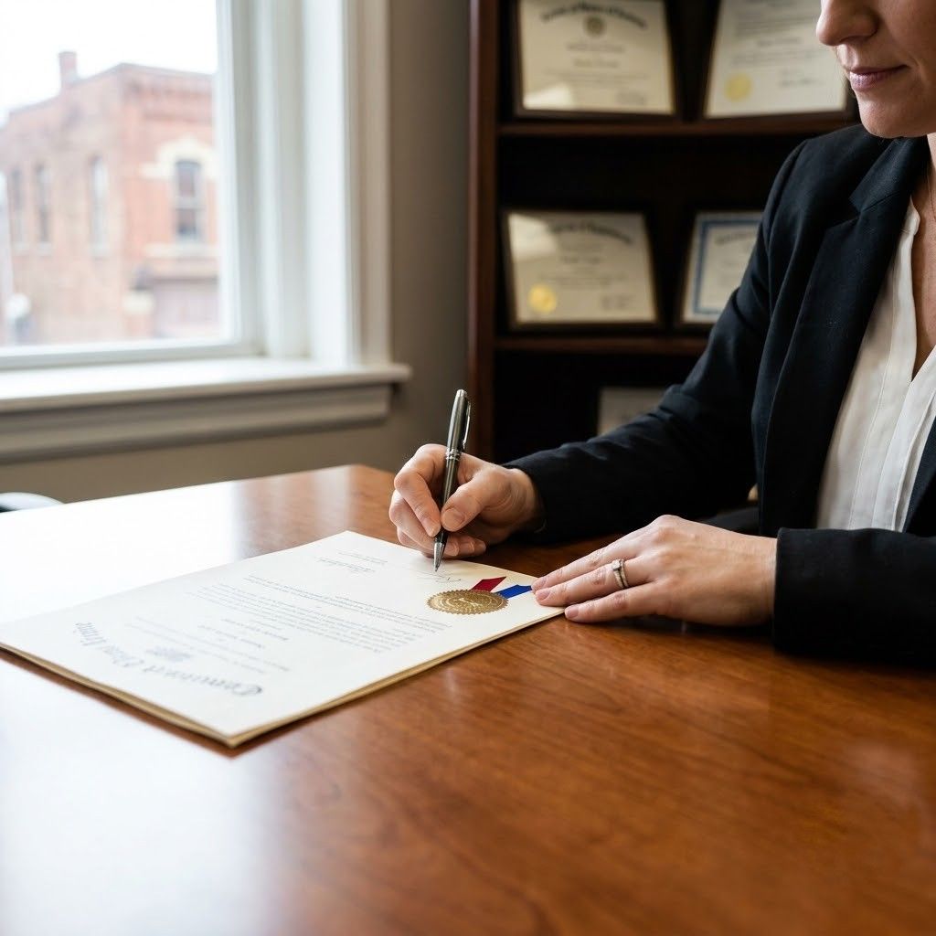 Person signing a certificate at a desk by a window in an office