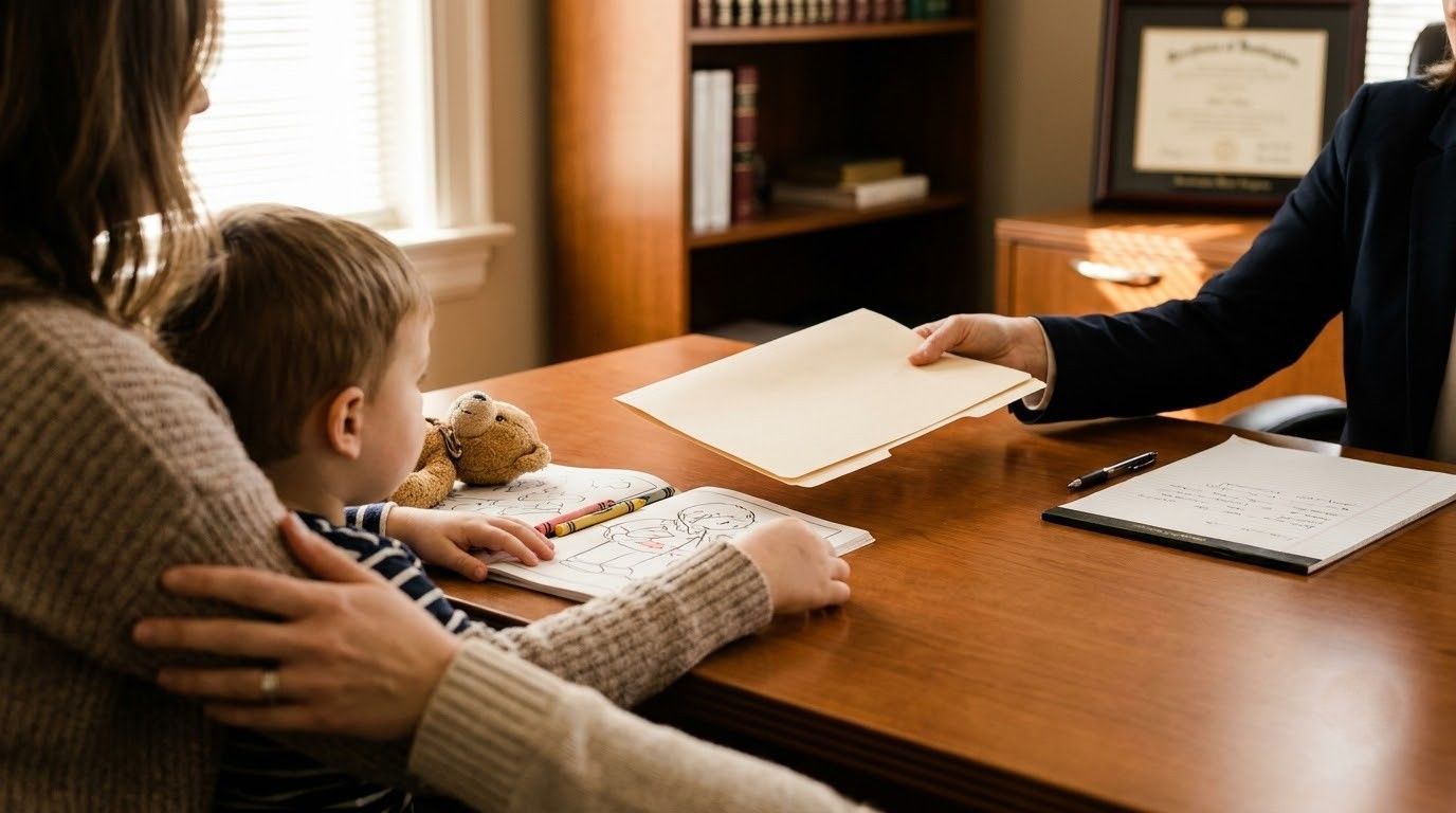 Adult and child seated at a wooden desk in an office, reviewing papers with a notebook nearby