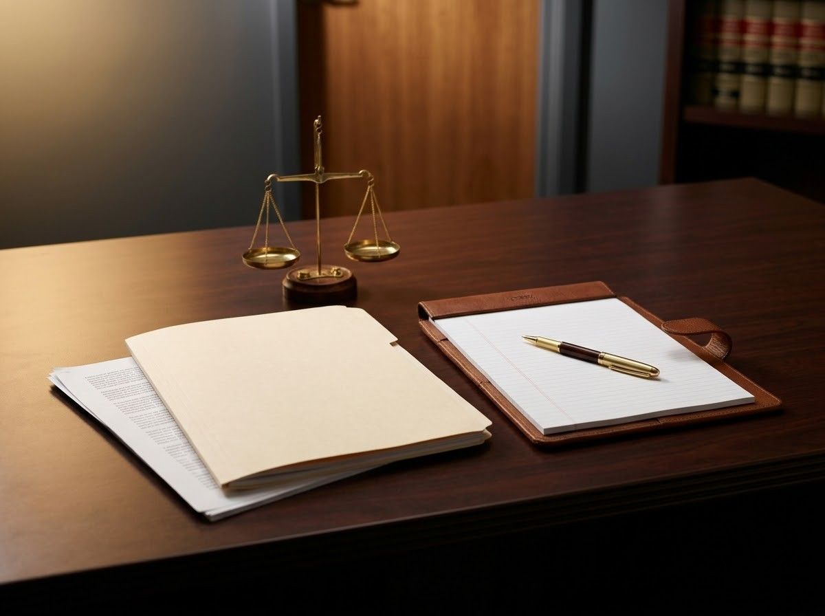 Law desk with scales, open notebook, and pen on a wooden tabletop