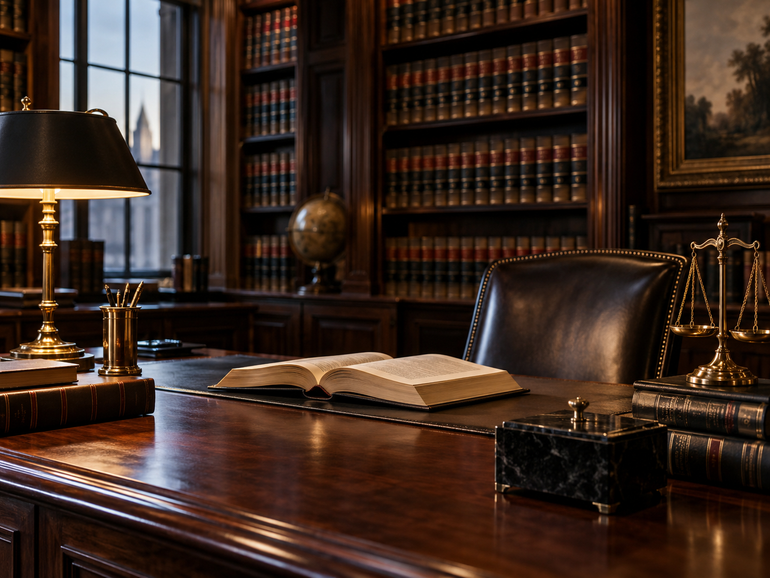 Law office desk with open files, pen, and scales of justice on a wooden table