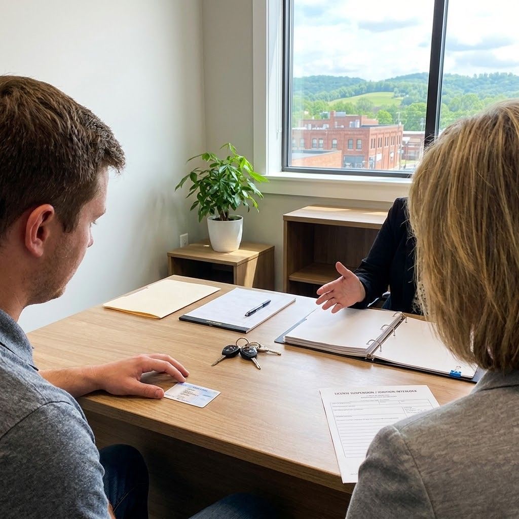 Two people in a meeting across a table, with notebooks, keys, and a window view of buildings and greenery.