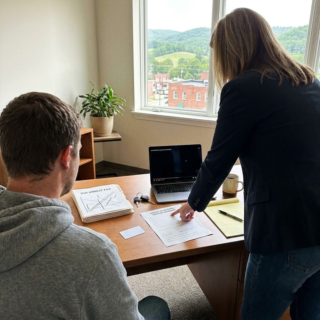 Two people reviewing papers at a desk by a bright window with a laptop and notebook, overlooking hills.