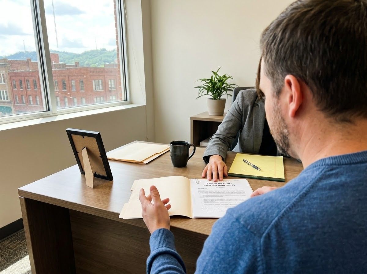 Two people in an office meeting across a desk, with papers, a laptop, and a window view.