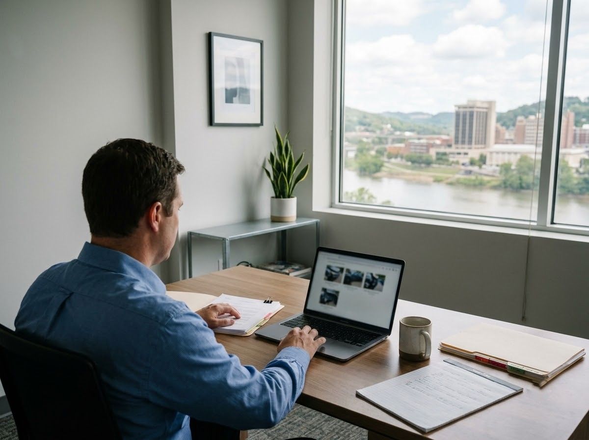 Man in blue shirt working at a desk with laptop, papers, and coffee beside a window overlooking buildings and water
