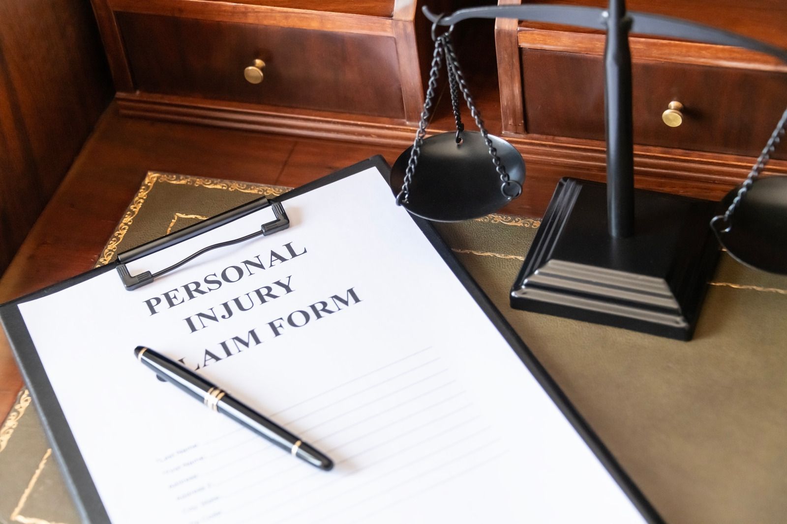 Personal injury claim form with pen on a desk beside a judge’s gavel and papers