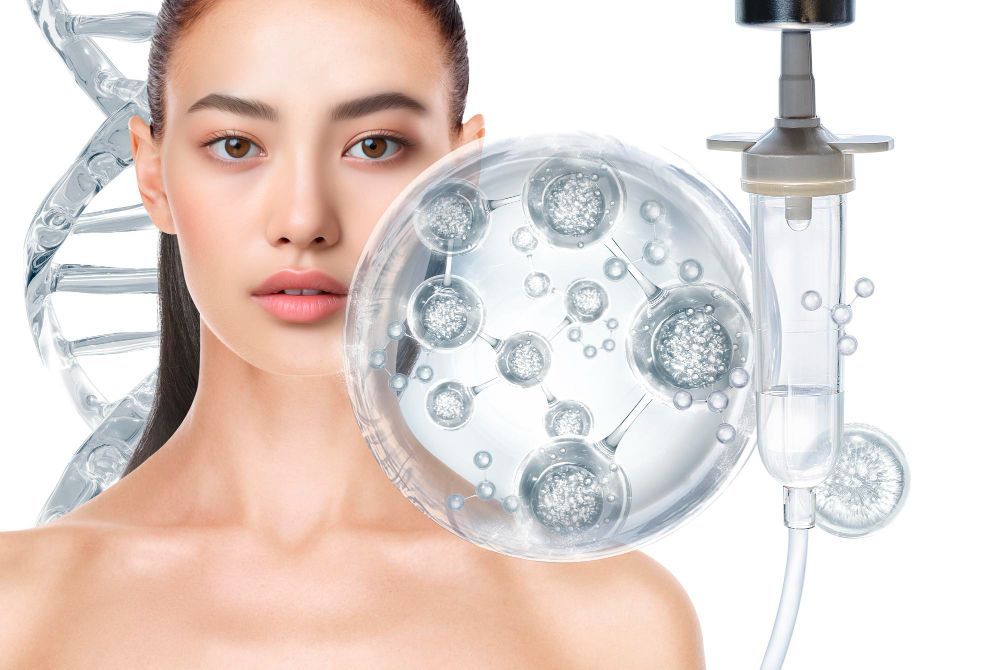 Skincare serum concept with woman’s face, DNA helix, cells, and dropper vial on white background