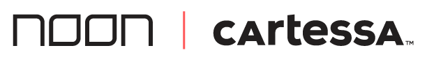 Noon and Cartessa logos in black and red on a white background