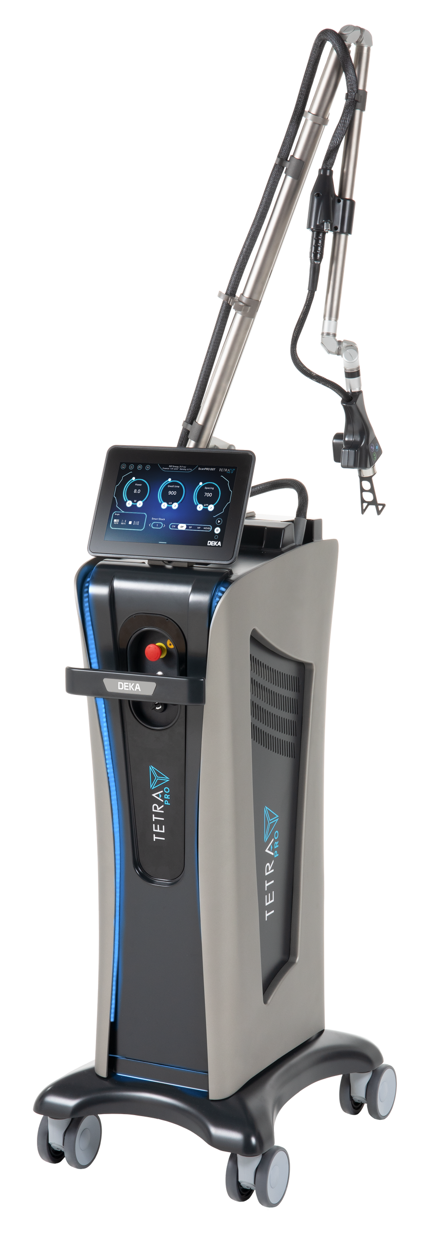 Medical laser machine on a wheeled cart with an articulated arm and touchscreen display