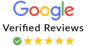 Google Verified Reviews badge with 5 gold stars and a green checkmark, logo in Google colors.