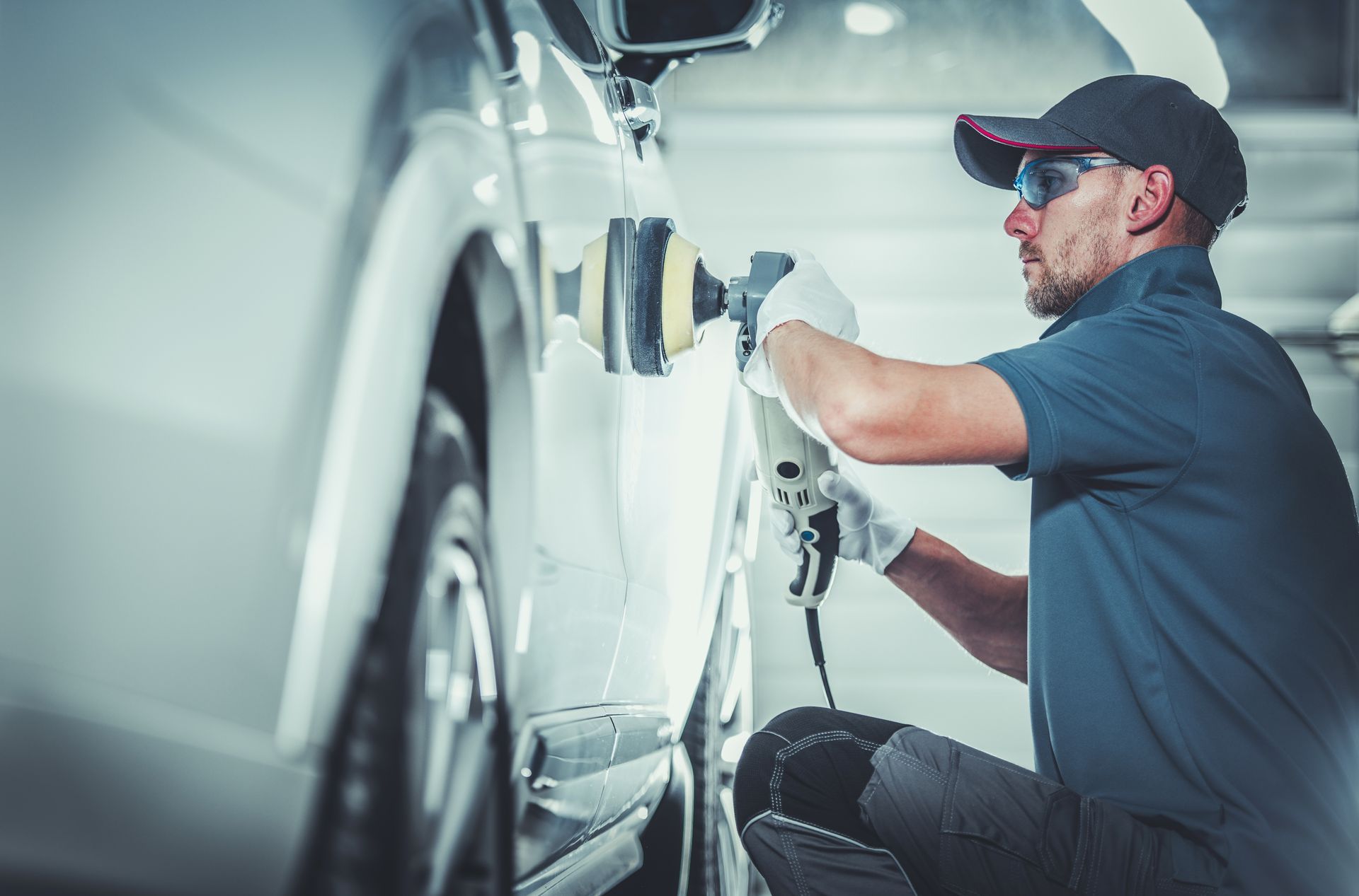 Auto technician polishing a vehicle door with an electric buffer tool.