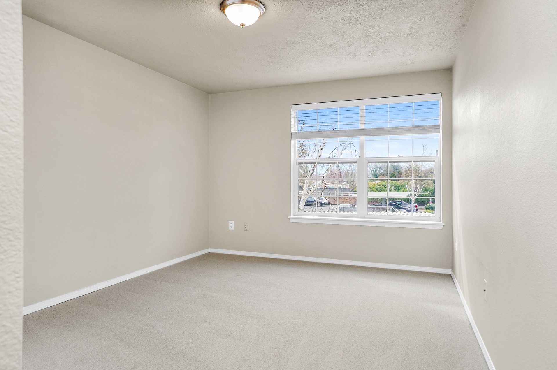 An empty, neutral-toned bedroom with beige walls, light carpeting, a flush-mount ceiling light, and a window.