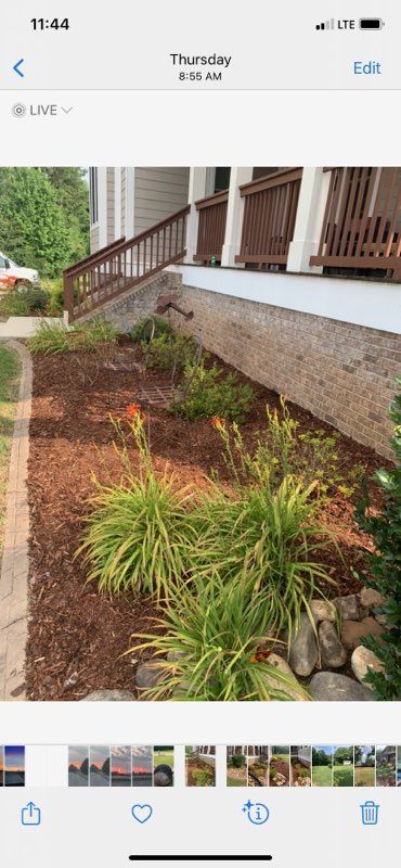 Mulched garden bed with green ornamental grasses beside a house porch and wooden stairs
