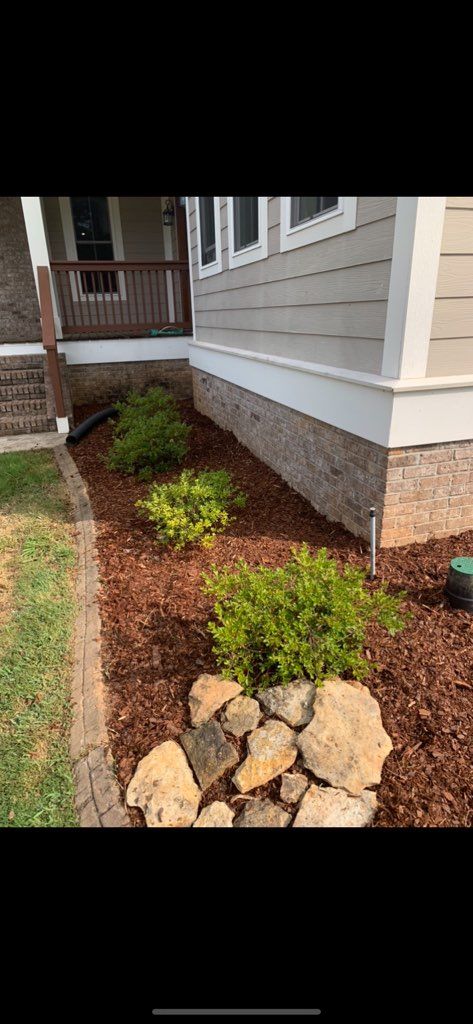 Landscaped front walkway beside a house with mulch, shrubs, and stone edging