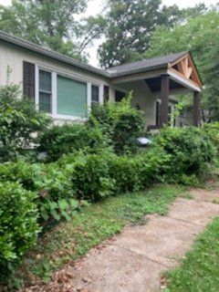 Front porch of a house with green shutters, surrounded by dense shrubs and a stone walkway.