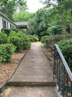 Concrete walkway with a step, bordered by shrubs and a black handrail beside a house and trees