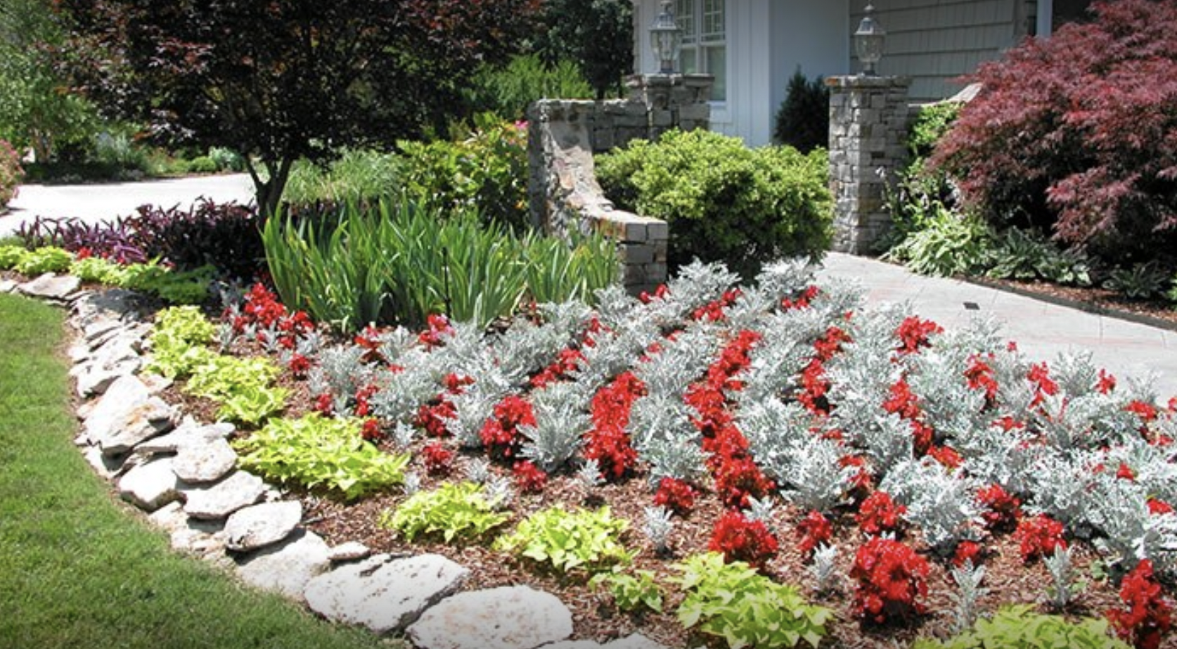 Colorful flower bed with red and silver plants beside a stone-lined garden path and house