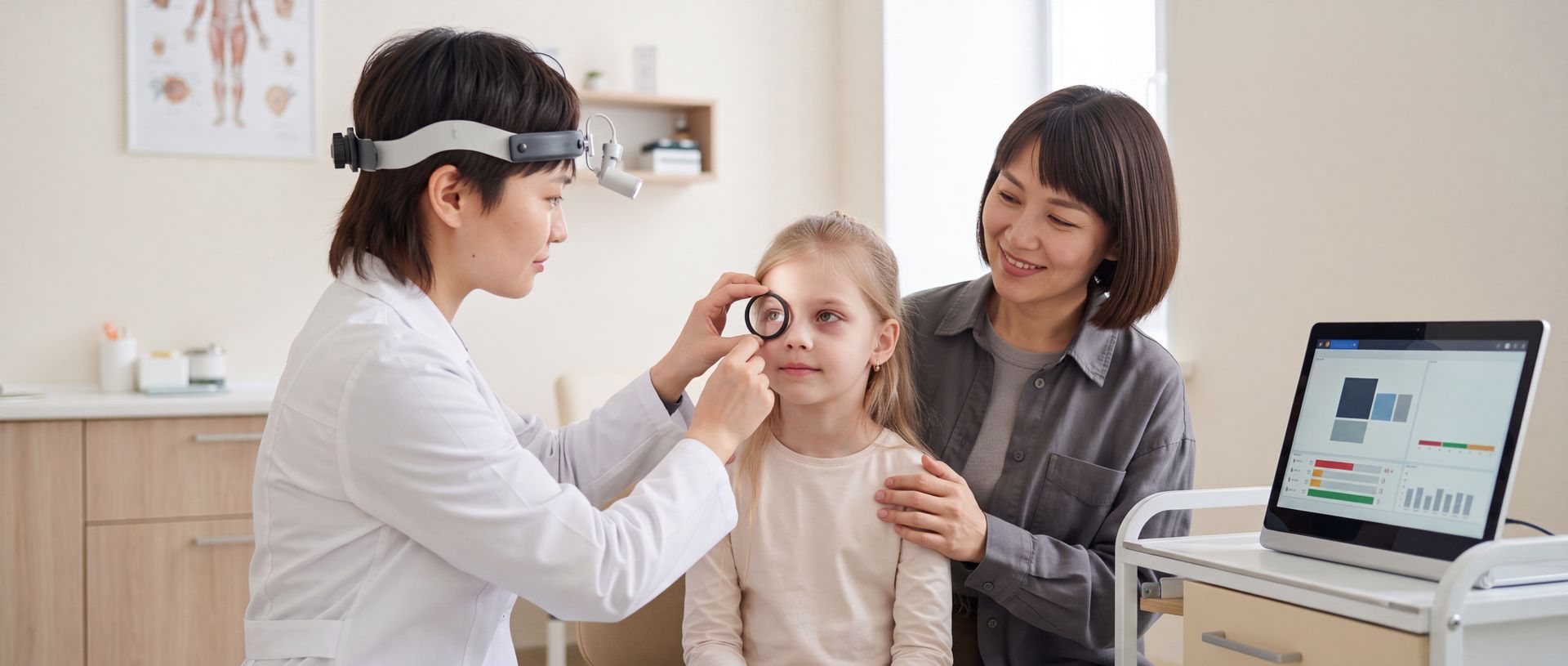 Family eye doctor performing a comprehensive eye exam on a young patient.