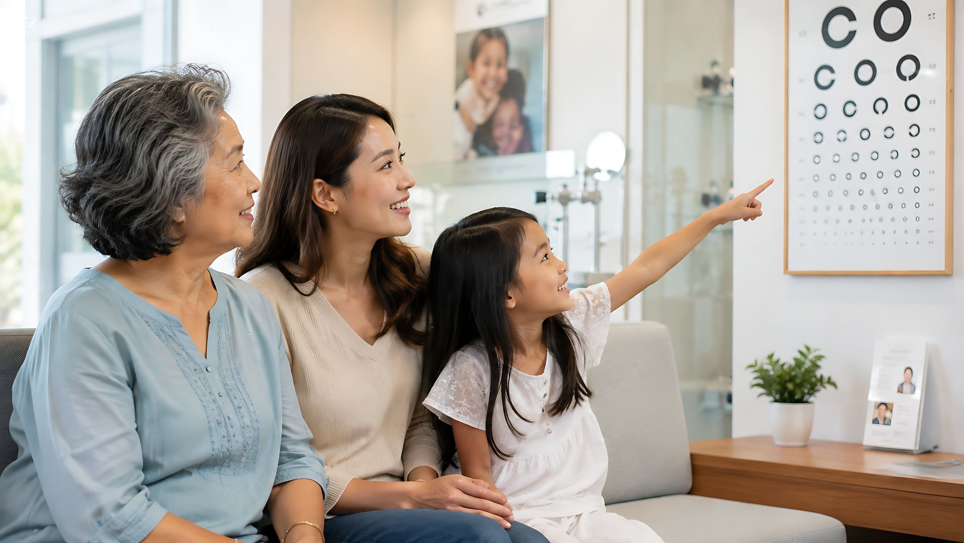 Family eye care doctor performing a comprehensive eye exam on a young patient.