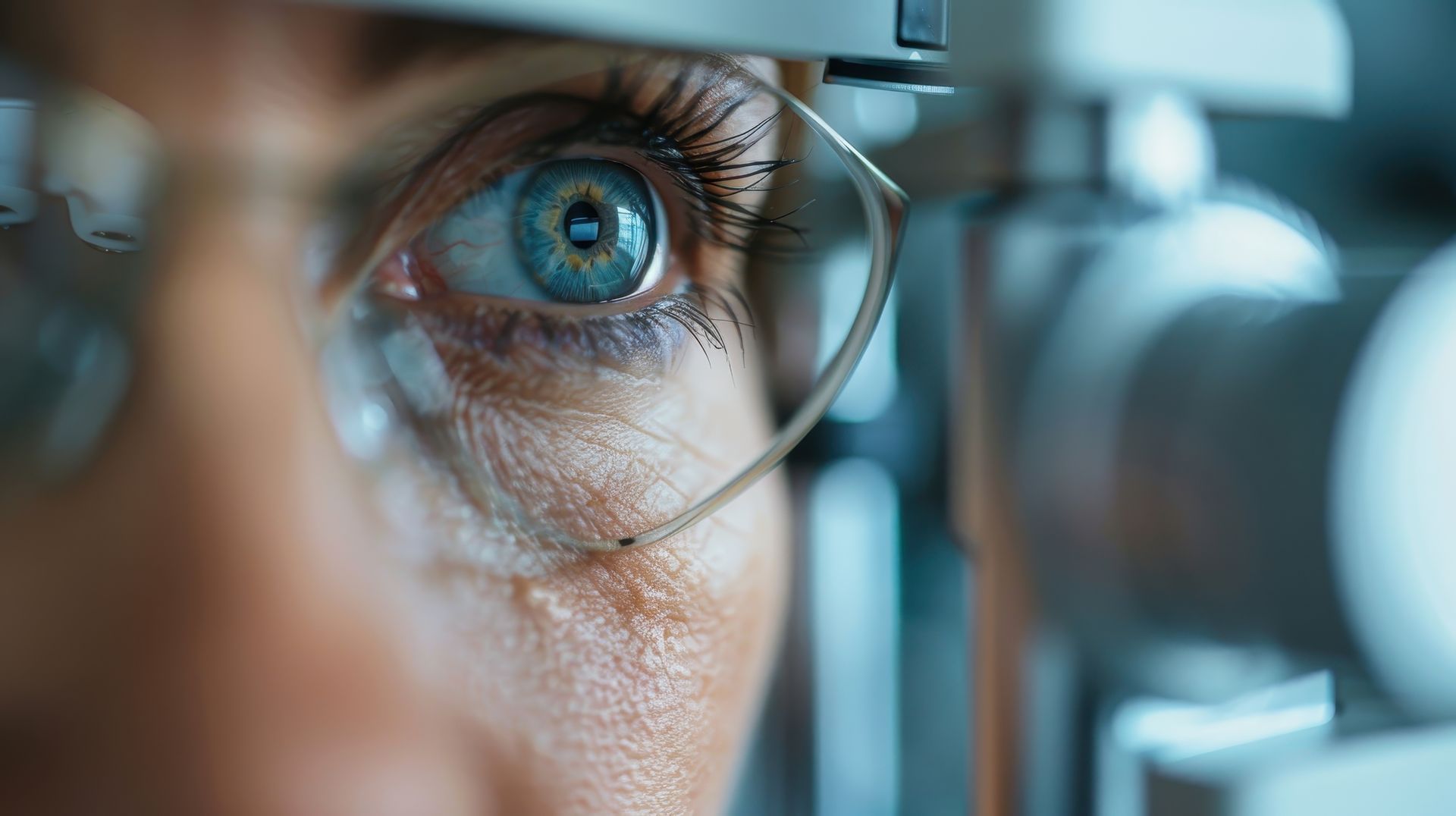 An eye is captured in a detailed close-up while undergoing an optometric examination.
