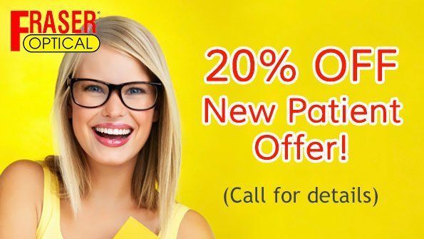 Woman wearing glasses smiling with yellow background and 20% off new patient offer.