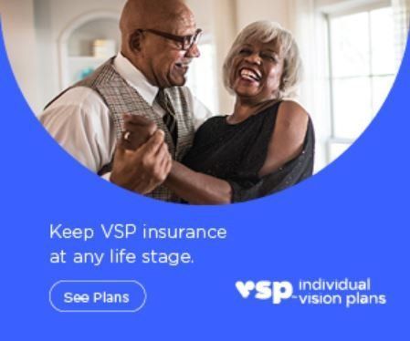 A smiling couple dances in a bright room. Ad for VSP vision insurance. Blue background.