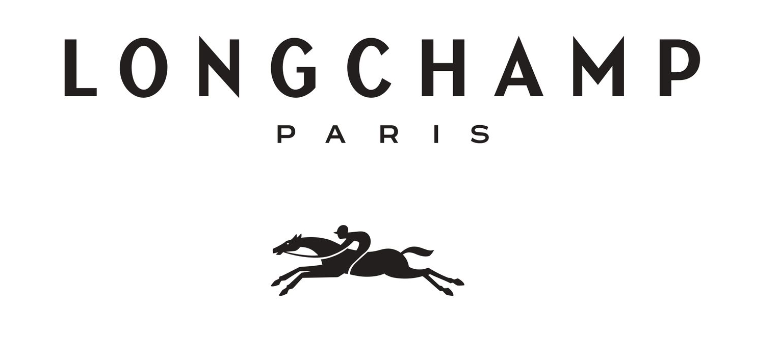 Longchamp logo: black text and horse with rider. "Longchamp Paris."