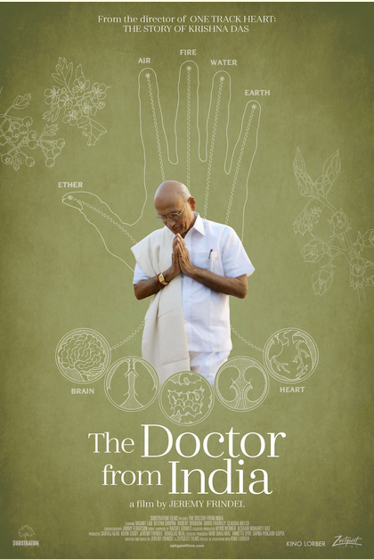 Movie poster: man in white shirt praying against green background, titled “The Doctor from India”