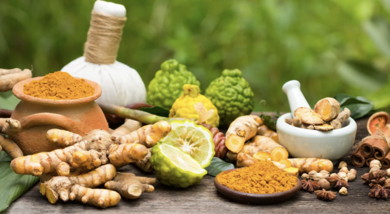 Turmeric roots and powders with spices on a rustic table, including mortar and pestle, in a green garden setting
