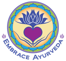 Embrace Ayurveda logo with lotus, heart, and hands in a blue circular emblem on a cream background