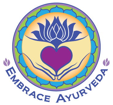 Embrace Ayurveda logo with lotus, heart, and hands in a blue circular emblem on a cream background