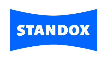 STANDOX logo in white on a blue curved rectangular background