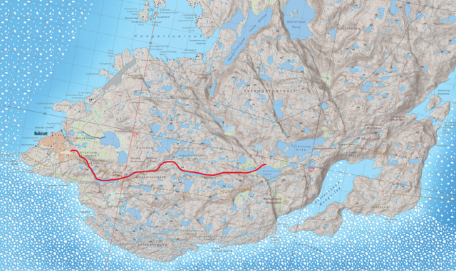 Kort over et kystområde med en rød linje, der angiver en vej, der forbinder punkter på tværs af landskabet.