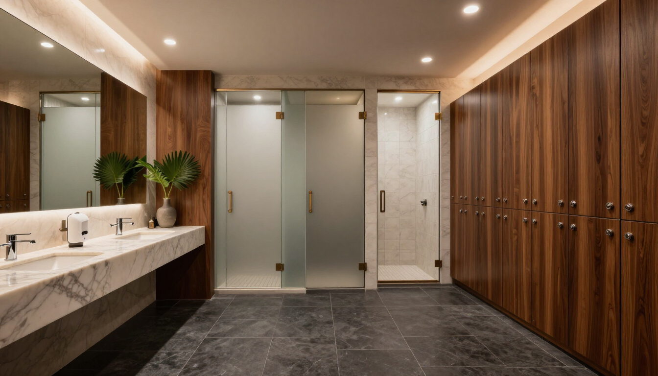 Modern restroom with long vanity, frosted stalls, wood paneling, and dark tile floor