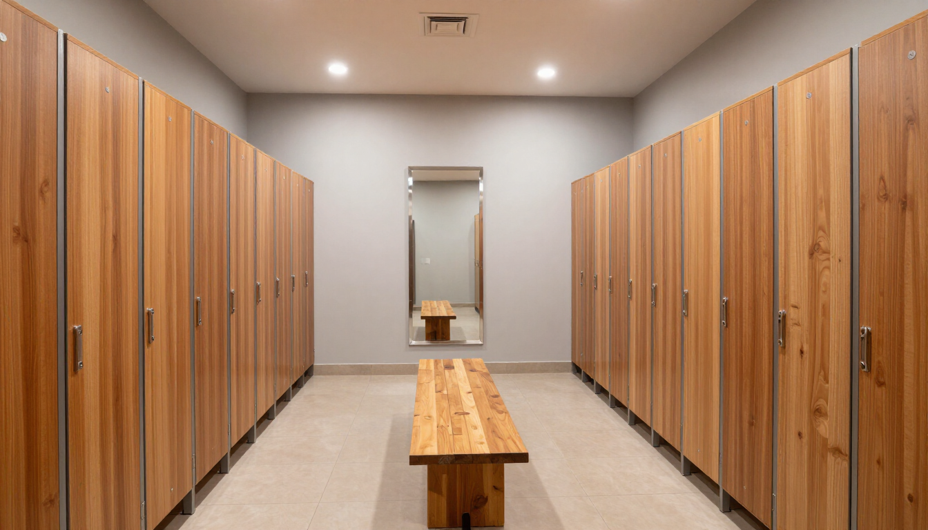 Modern locker room with wooden lockers lining both sides and a bench in the center.