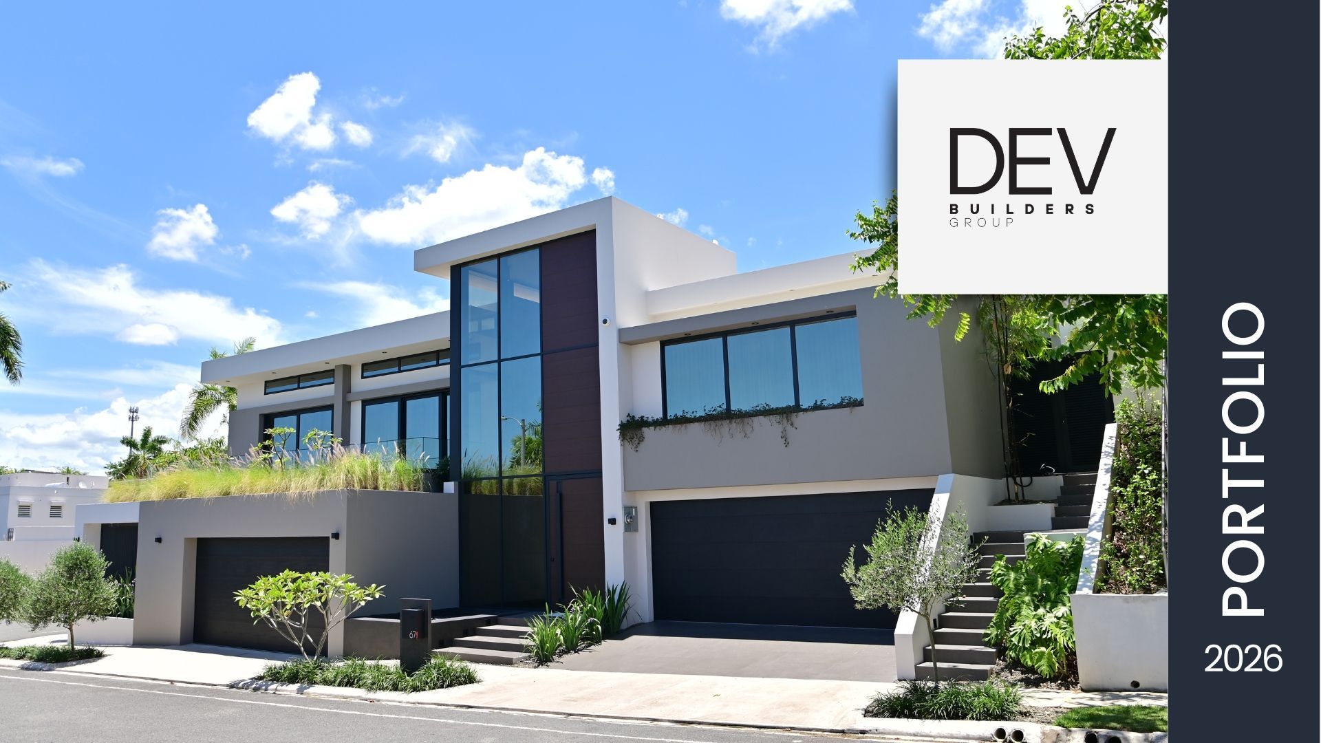 Modern two-story house with large windows, blue sky, and “DEV HIBB…” portfolio text overlay
